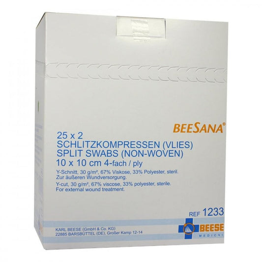 Das Produktfoto zeigt Schlitzkompressen Vlies 10x10 Cm Steril 4fach (25X2 stk) PZN 01364661