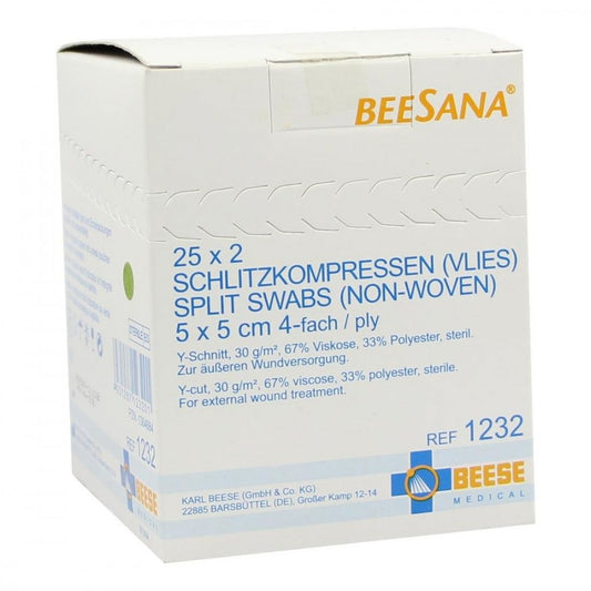 Das Produktfoto zeigt Schlitzkompressen Vlies 5x5 Cm Steril 4fach (25X2 stk) PZN 01364684