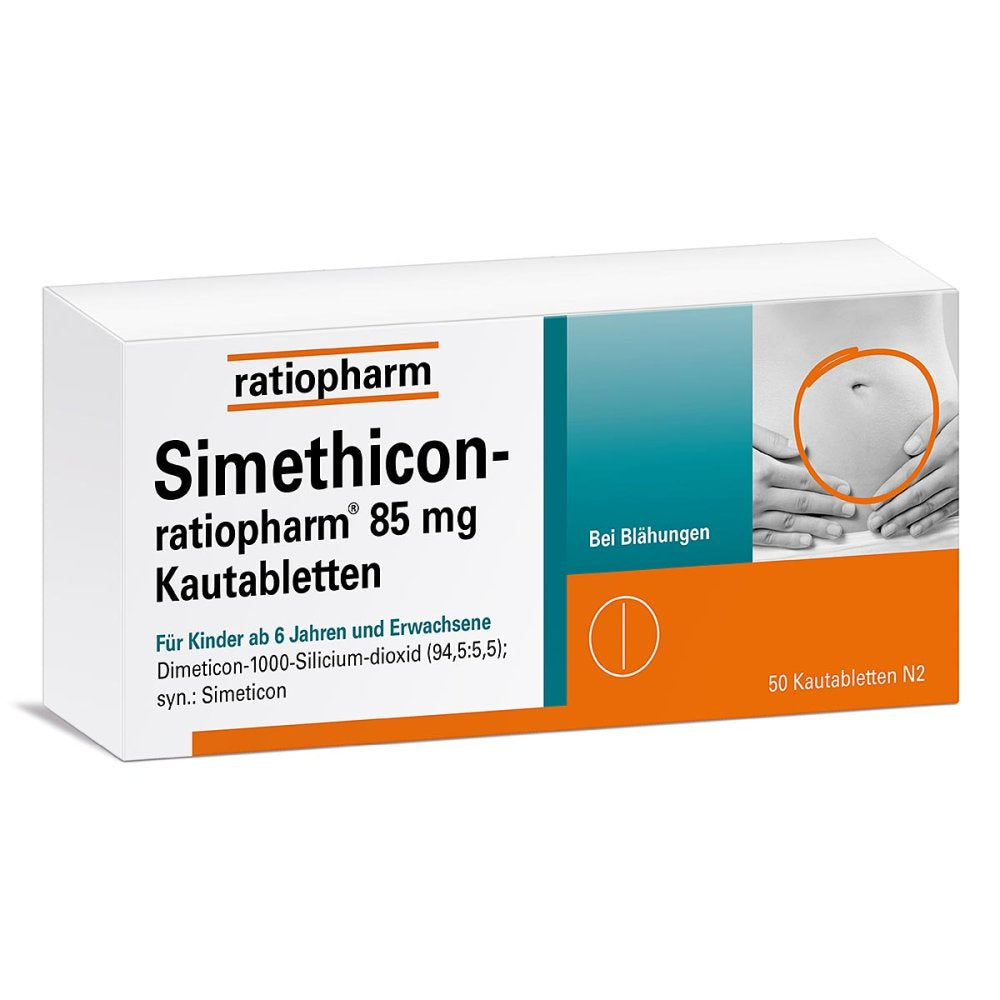 Das Produktfoto zeigt Simethicon-Ratiopharm 85 Mg Kautabletten (50 stk) PZN 01364796