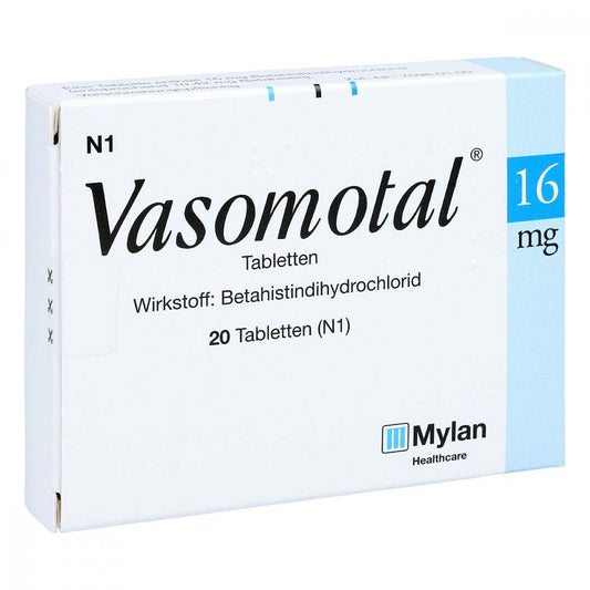 Das Produktfoto zeigt Vasomotal 16 Mg Tabletten (20 stk) PZN 01388124