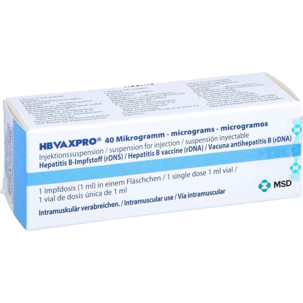 Das Produktfoto zeigt Hbvaxpro 40 Μg Inj.-Susp.I.E.Fläschchen (1 stk) PZN 01390836