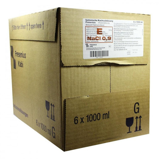 Das Produktfoto zeigt Isotonische Kochsalzlösung 0,9% Glasfl.Fresenius (6X1000 ml) PZN 01399062