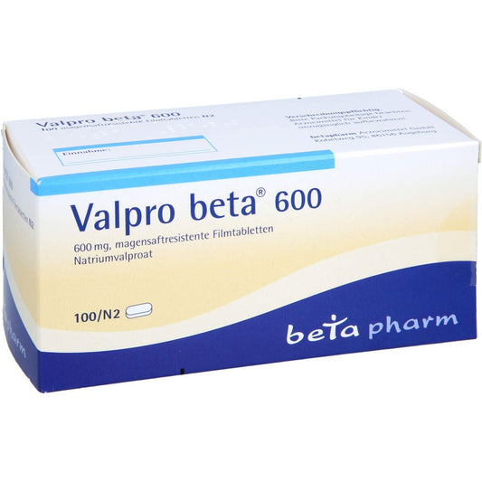Das Produktfoto zeigt Valpro Beta 600 Magensaftresistente Filmtabletten (100 stk) PZN 01401356