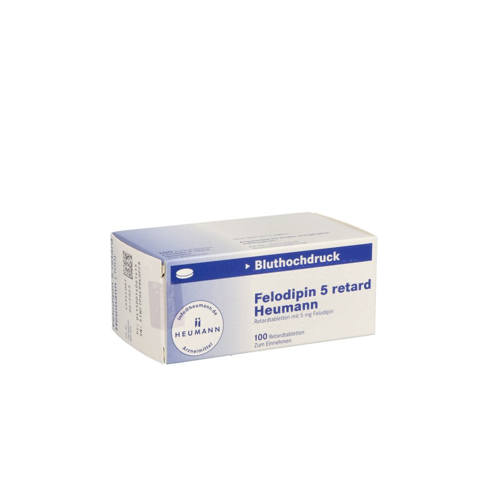 Das Produktfoto zeigt Felodipin 5 Mg Heumann Retardtabletten (100 stk) PZN 01406141