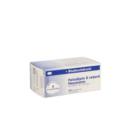 Das Produktfoto zeigt Felodipin 5 Mg Heumann Retardtabletten (100 stk) PZN 01406141