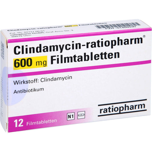 Das Produktfoto zeigt Clindamycin-Ratiopharm 600 Mg Filmtabletten (12 stk) PZN 01409530