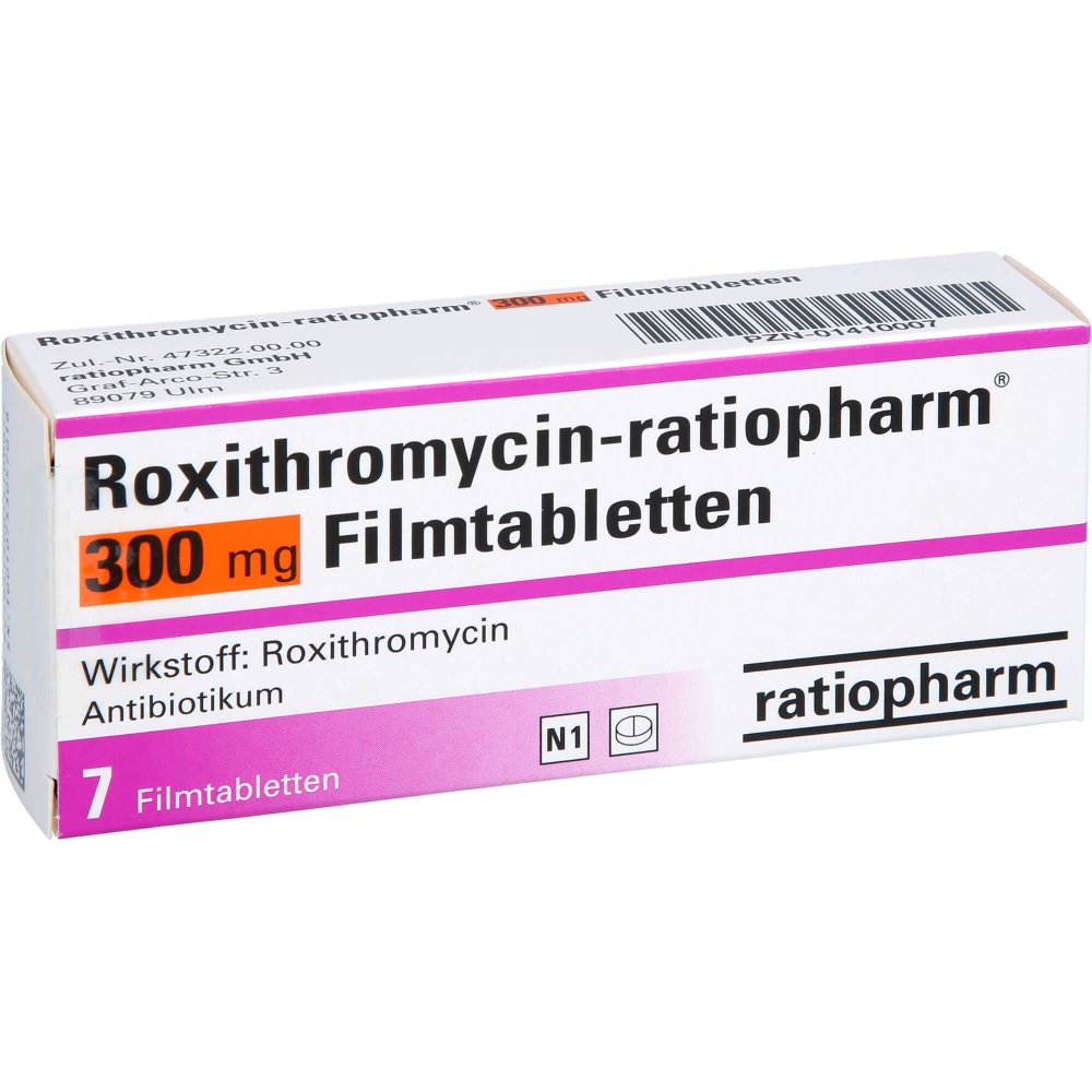 Das Produktfoto zeigt Roxithromycin-Ratiopharm 300 Mg Filmtabletten (7 stk) PZN 01410007