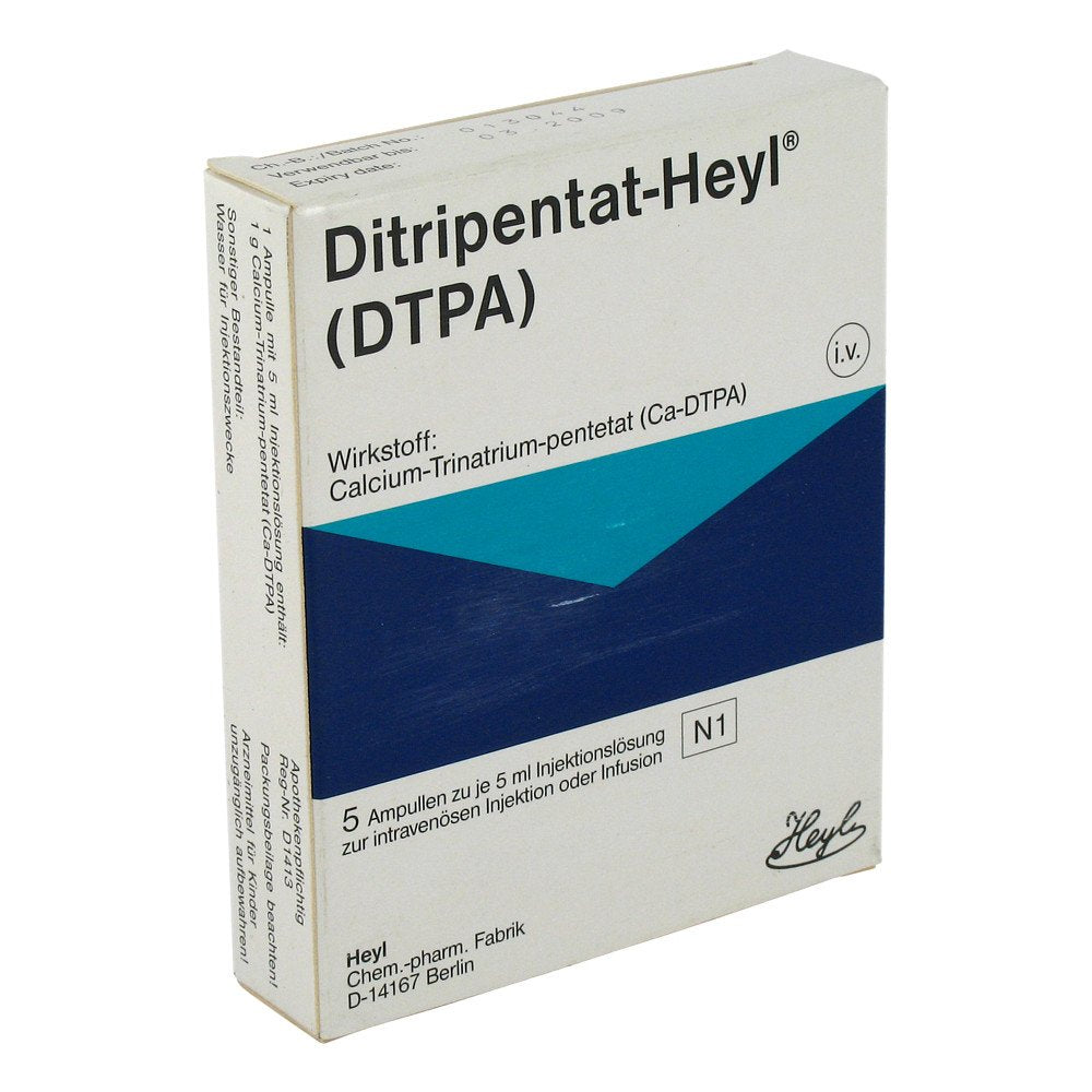 Das Produktfoto zeigt Ditripentat-Heyl Injektionslösung Ampullen (5X5 ml) PZN 01410579