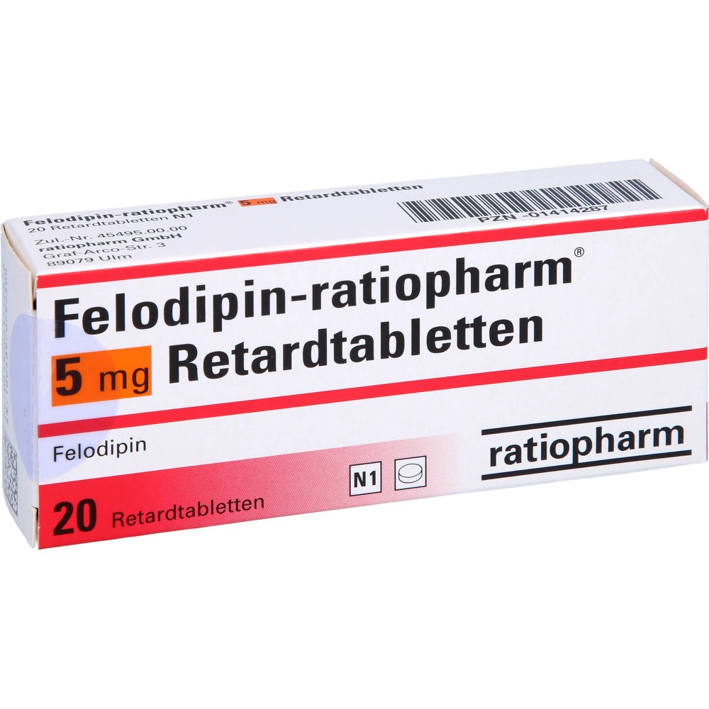Das Produktfoto zeigt Felodipin-Ratiopharm 5 Mg Retardtabletten (20 stk) PZN 01414287