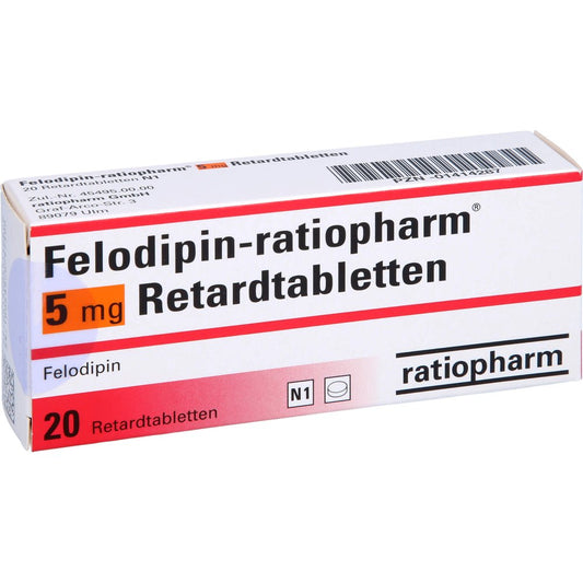 Das Produktfoto zeigt Felodipin-Ratiopharm 5 Mg Retardtabletten (20 stk) PZN 01414287
