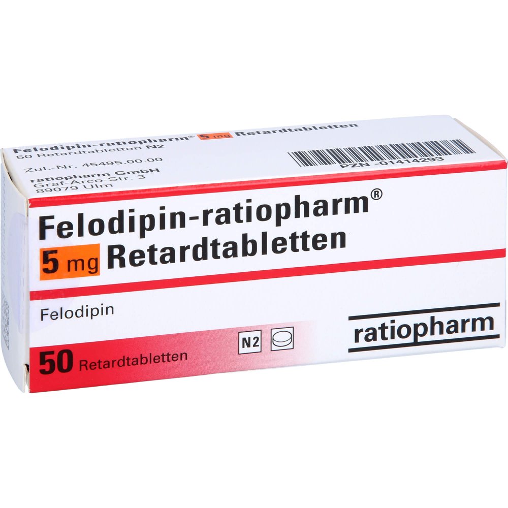 Das Produktfoto zeigt Felodipin-Ratiopharm 5 Mg Retardtabletten (50 stk) PZN 01414293