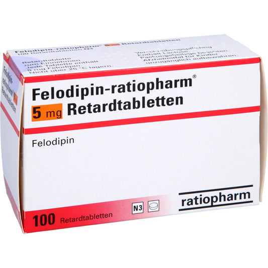 Das Produktfoto zeigt Felodipin-Ratiopharm 5 Mg Retardtabletten (100 stk) PZN 01414324