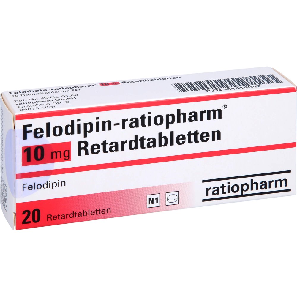 Das Produktfoto zeigt Felodipin-Ratiopharm 10 Mg Retardtabletten (20 stk) PZN 01414347