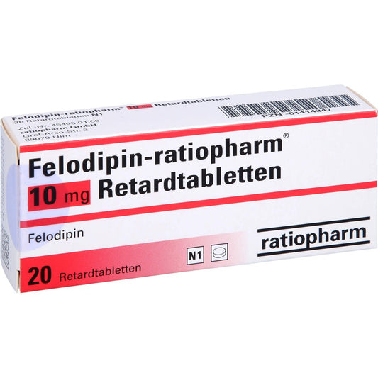 Das Produktfoto zeigt Felodipin-Ratiopharm 10 Mg Retardtabletten (20 stk) PZN 01414347