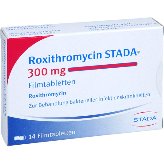 Das Produktfoto zeigt Roxithromycin Stada 300 Mg Filmtabletten (14 stk) PZN 01415826