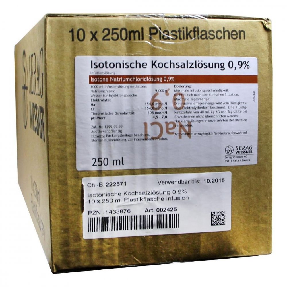 Das Produktfoto zeigt Isotonische Kochsalzlösung 0,9% Plastik Inf.-Lsg. (10X250 ml) PZN 01433876