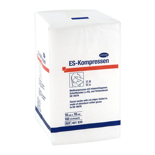 Das Produktfoto zeigt Es-Kompressen Unsteril 10x10 Cm 12fach (100 stk) PZN 01447246