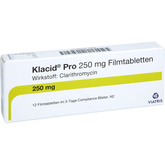 Das Produktfoto zeigt Klacid Pro 250 Mg Filmtabletten (12 stk) PZN 01449133