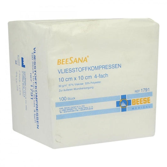 Das Produktfoto zeigt Vlieskompressen Unsteril 10x10 Cm 4fach 30g (100 stk) PZN 01450231