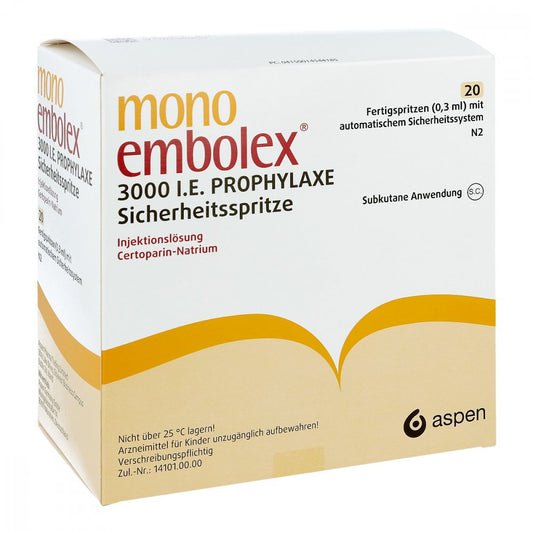 Das Produktfoto zeigt Mono Embolex 3.000 I.E. Prophylaxe Sicherh.Spr. (20 stk) PZN 01454418