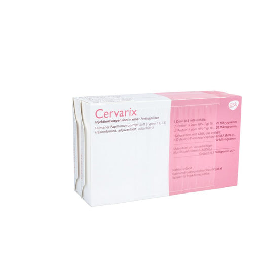 Das Produktfoto zeigt Cervarix Inj.-Susp.I.E.Fertigspritze (10 stk) PZN 01467183