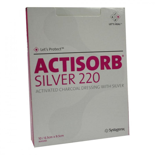 Das Produktfoto zeigt Actisorb 220 Silver 6,5x9,5 Cm Steril Kompressen (10 stk) PZN 01467705