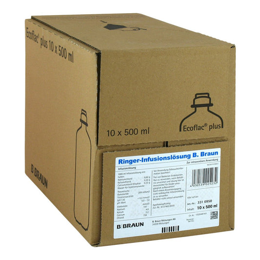 Das Produktfoto zeigt Ringer Lösung B.Braun Ecoflac Plus (10X500 ml) PZN 01471411
