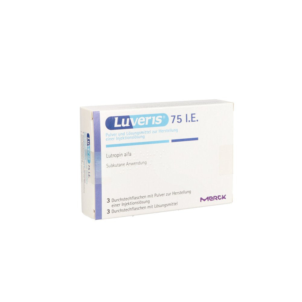 Das Produktfoto zeigt Luveris 75 I.E. Plv.U.Lsm.Z.H.E.Injektionslsg. (3 stk) PZN 01472155