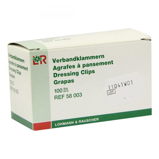 Das Produktfoto zeigt Verbandklammern Lohmann Weiß (100 stk) PZN 01473249