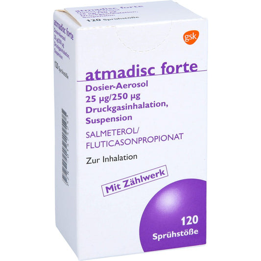 Das Produktfoto zeigt Atmadisc Forte 25 Μg/250 Μg Dos.Aer.Fckw Frei (120 stk) PZN 01474243