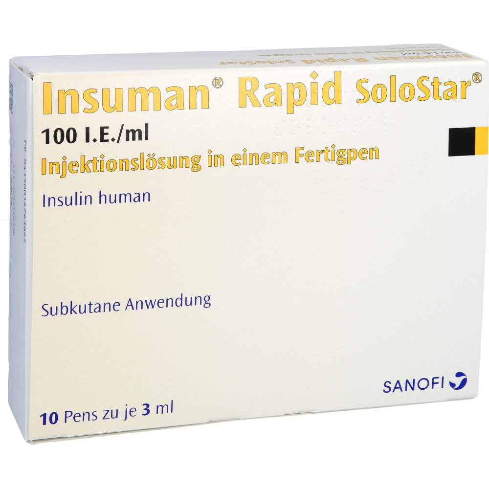 Das Produktfoto zeigt Insuman Rapid 100 I.E./Ml Solostar Fertigpen (10X3 ml) PZN 01474384