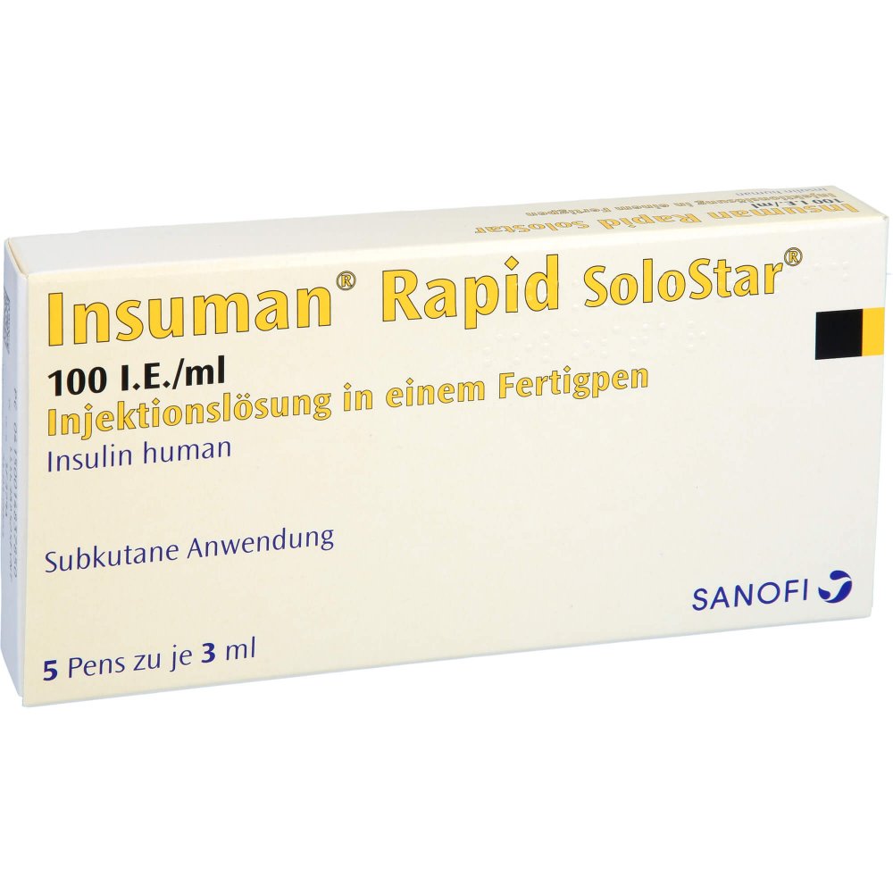 Das Produktfoto zeigt Insuman Rapid 100 I.E./Ml Solostar Fertigpen (5X3 ml) PZN 01483785