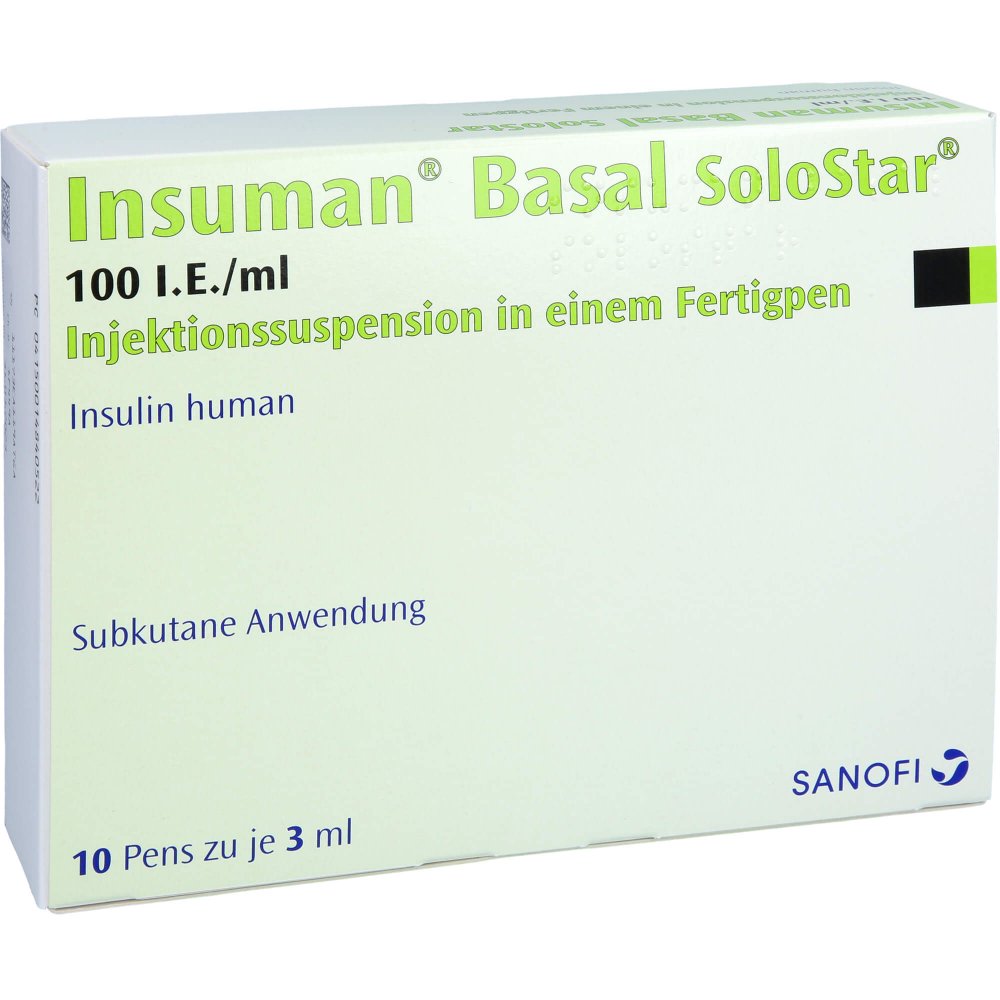 Das Produktfoto zeigt Insuman Basal 100 I.E./Ml Solostar Fertigpen (10X3 ml) PZN 01484052