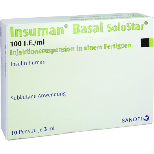 Das Produktfoto zeigt Insuman Basal 100 I.E./Ml Solostar Fertigpen (10X3 ml) PZN 01484052