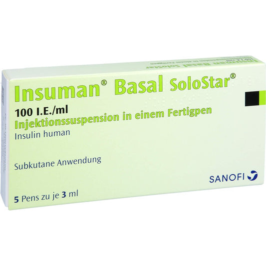 Das Produktfoto zeigt Insuman Basal 100 I.E./Ml Solostar Fertigpen (5X3 ml) PZN 01484069