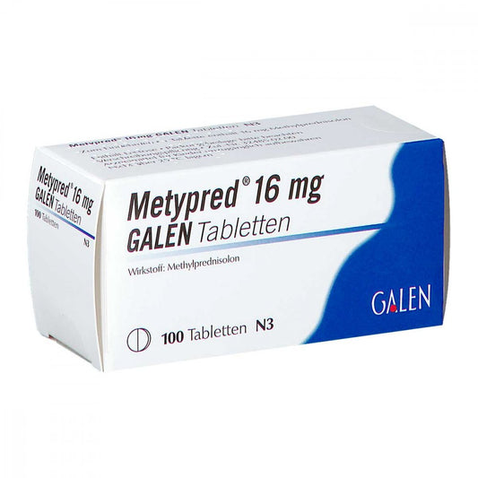 Das Produktfoto zeigt Metypred 16 Mg Galen Tabletten (100 stk) PZN 01484477