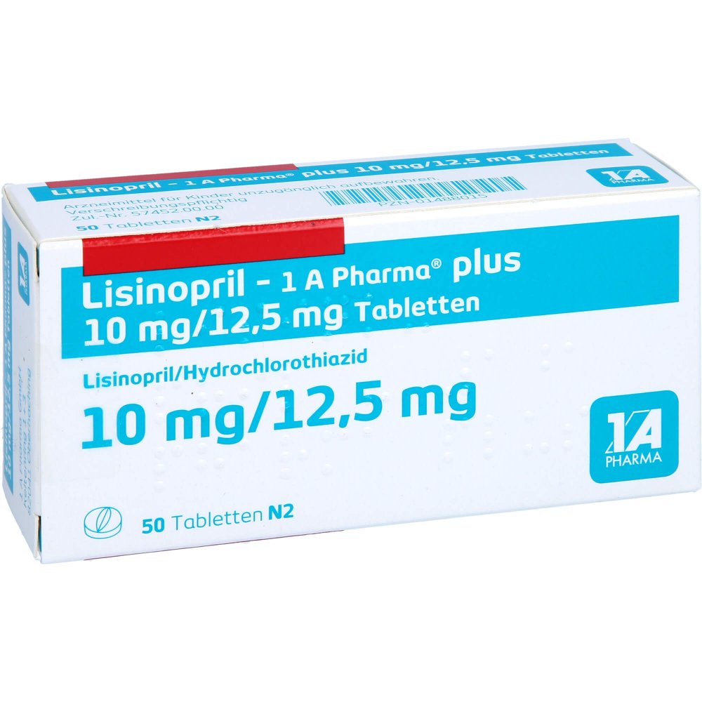 Das Produktfoto zeigt Lisinopril-1a Pharma Plus 10 Mg/12,5 Mg Tabletten (50 stk) PZN 01488015