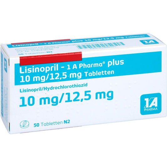 Das Produktfoto zeigt Lisinopril-1a Pharma Plus 10 Mg/12,5 Mg Tabletten (50 stk) PZN 01488015