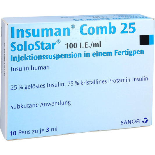 Das Produktfoto zeigt Insuman Comb 25 100 I.E./Ml Solostar Fertigpen (10X3 ml) PZN 01493571
