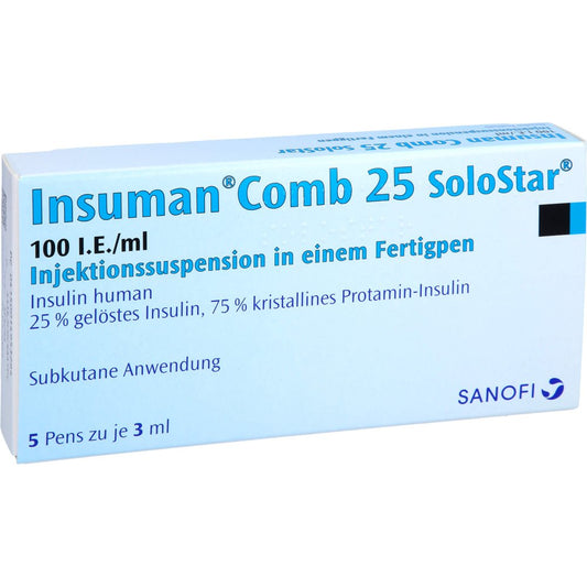 Das Produktfoto zeigt Insuman Comb 25 100 I.E./Ml Solostar Fertigpen (5X3 ml) PZN 01495328
