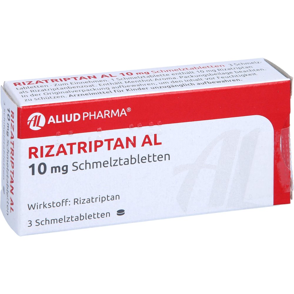 Das Produktfoto zeigt Rizatriptan Al 10 Mg Schmelztabletten (3 stk) PZN 01495452