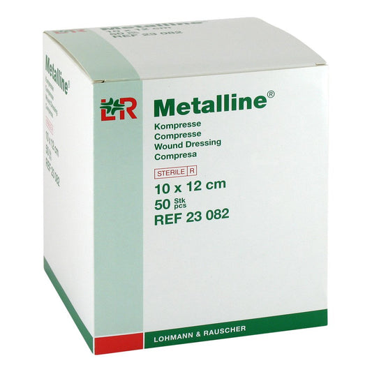 Das Produktfoto zeigt Metalline Kompressen 10x12 Cm Steril (50 stk) PZN 01495713