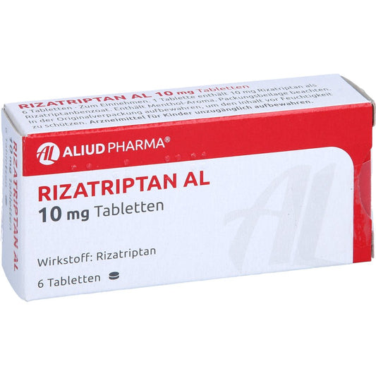 Das Produktfoto zeigt Rizatriptan Al 10 Mg Tabletten (6 stk) PZN 01496799
