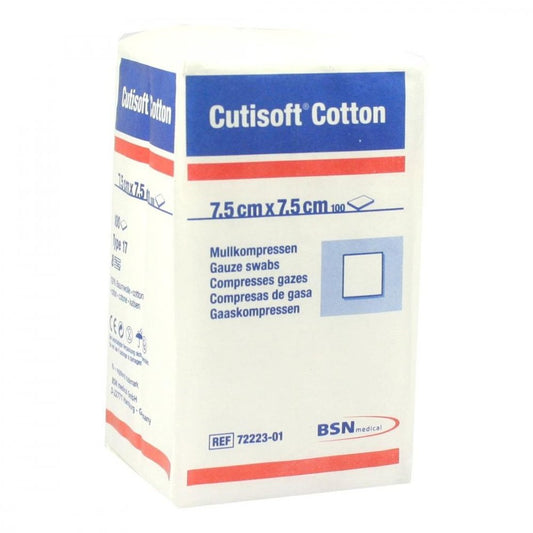 Das Produktfoto zeigt Cutisoft Cotton Kompr.7,5x7,5 Cm Unsteril (100 stk) PZN 01499355