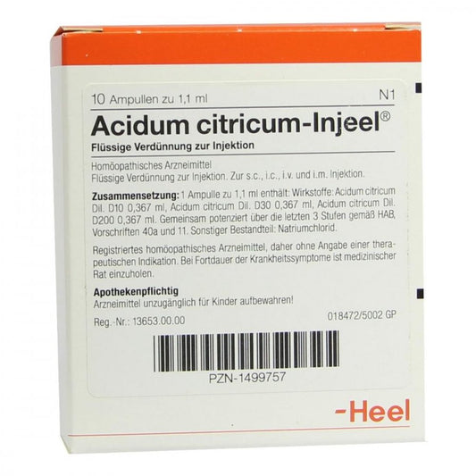 Das Produktfoto zeigt Acidum Citricum Injeel Ampullen (10 stk) PZN 01499757