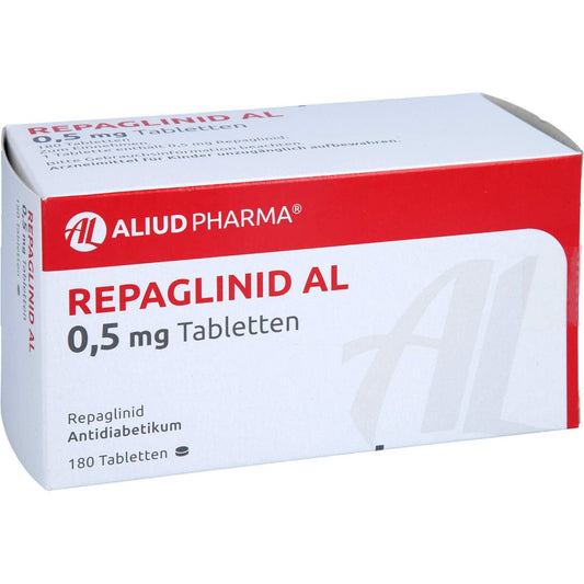 Das Produktfoto zeigt Repaglinid Al 0,5 Mg Tabletten (180 stk) PZN 01509852