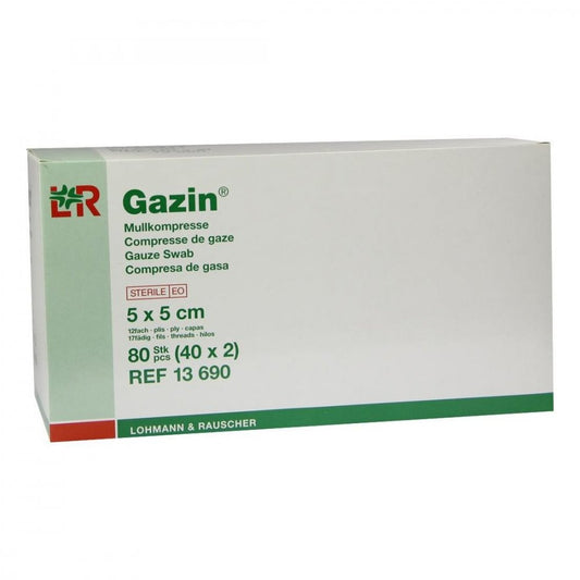Das Produktfoto zeigt Gazin Mullkomp.5x5 Cm Steril 12fach (40X2 stk) PZN 01511688