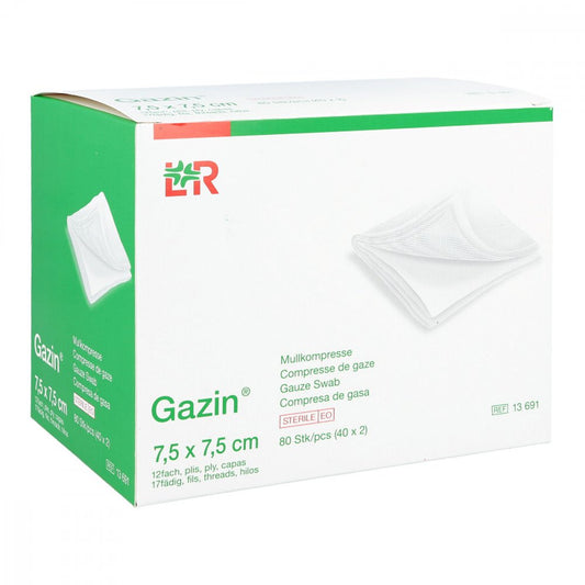 Das Produktfoto zeigt Gazin Mullkomp.7,5x7,5 Cm Steril 12fach (40X2 stk) PZN 01511694