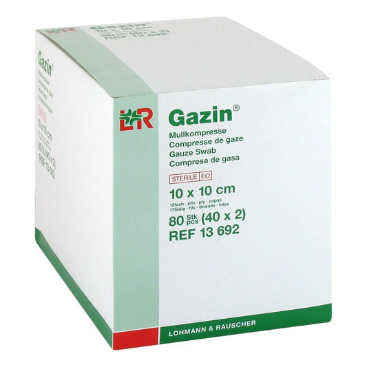 Das Produktfoto zeigt Gazin Mullkomp.10x10 Cm Steril 12fach (40X2 stk) PZN 01511702