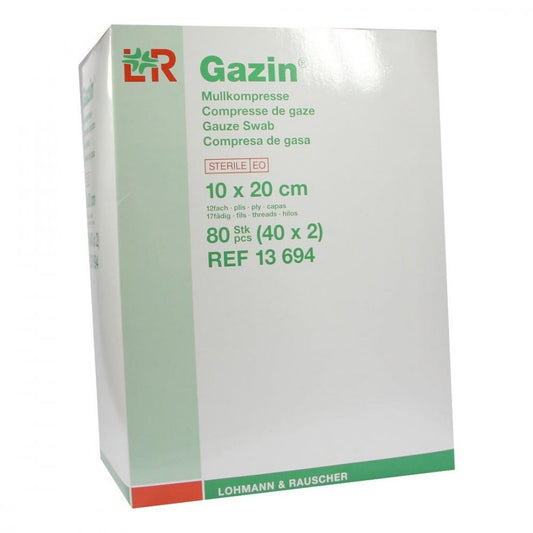 Das Produktfoto zeigt Gazin Mullkomp.10x20 Cm Steril 12fach (40X2 stk) PZN 01511725